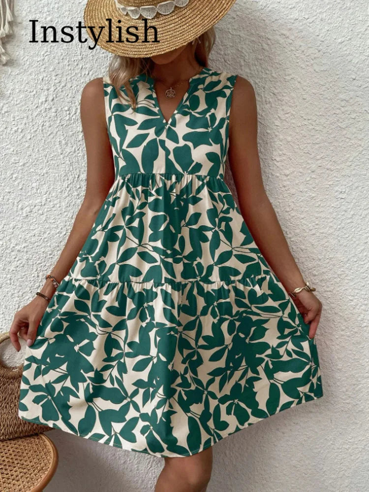 Damen Boho-Kleid mit Print, ärmellos, V-Ausschnitt
