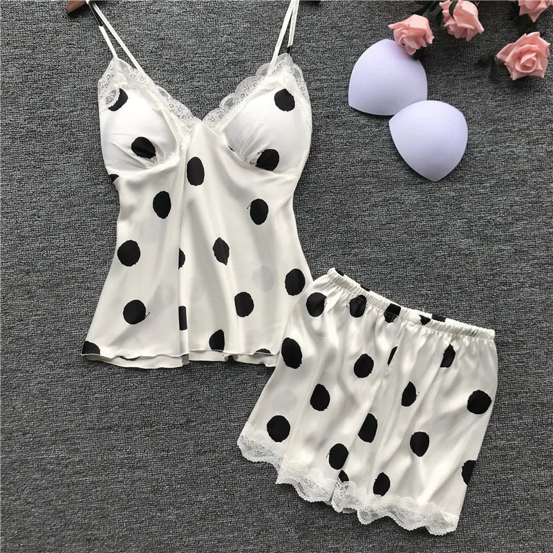 Damen Polka Dot Satin Cami Shorts Set mit Polsterung