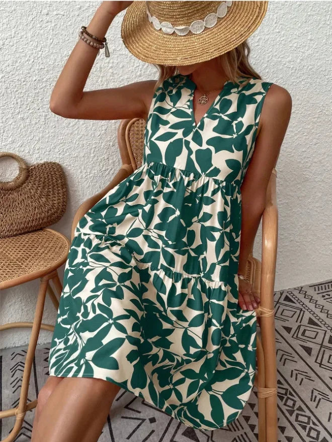 Damen Boho-Kleid mit Print, ärmellos, V-Ausschnitt