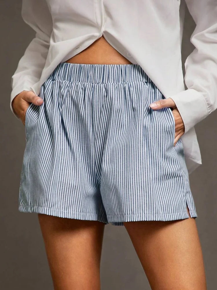 Gestreifte Loose-Shorts Damen – Elastischer Bund mit Taschen & Seitenschlitz