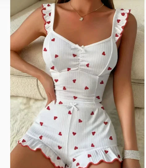 Damen Schlafanzug-Set mit Erdbeer-Print, Rüschen-Cami-Top und Shorts