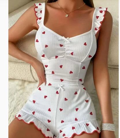 Damen Schlafanzug-Set mit Erdbeer-Print, Rüschen-Cami-Top und Shorts