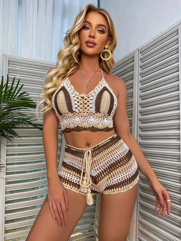 Gehäkeltes Bikini-Set Damen – Off-Shoulder Regenbogen-Streifen Bademode Strand