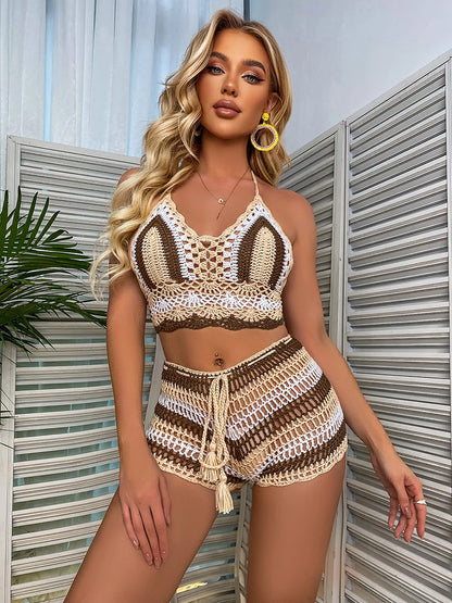 Gehäkeltes Bikini-Set Damen – Off-Shoulder Regenbogen-Streifen Bademode Strand