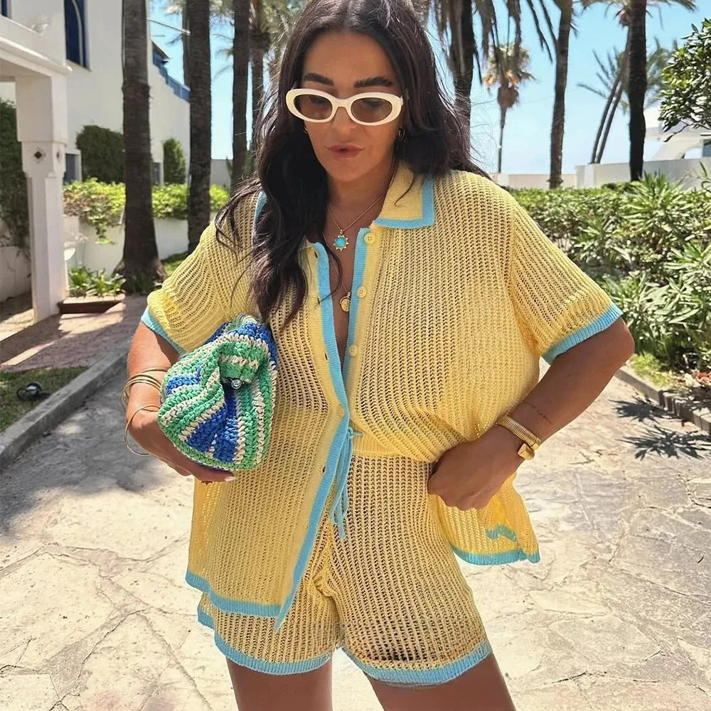 Häkel-Strick-Set Damen – Hollow-Out Cardigan & Shorts Sommer Urlaub