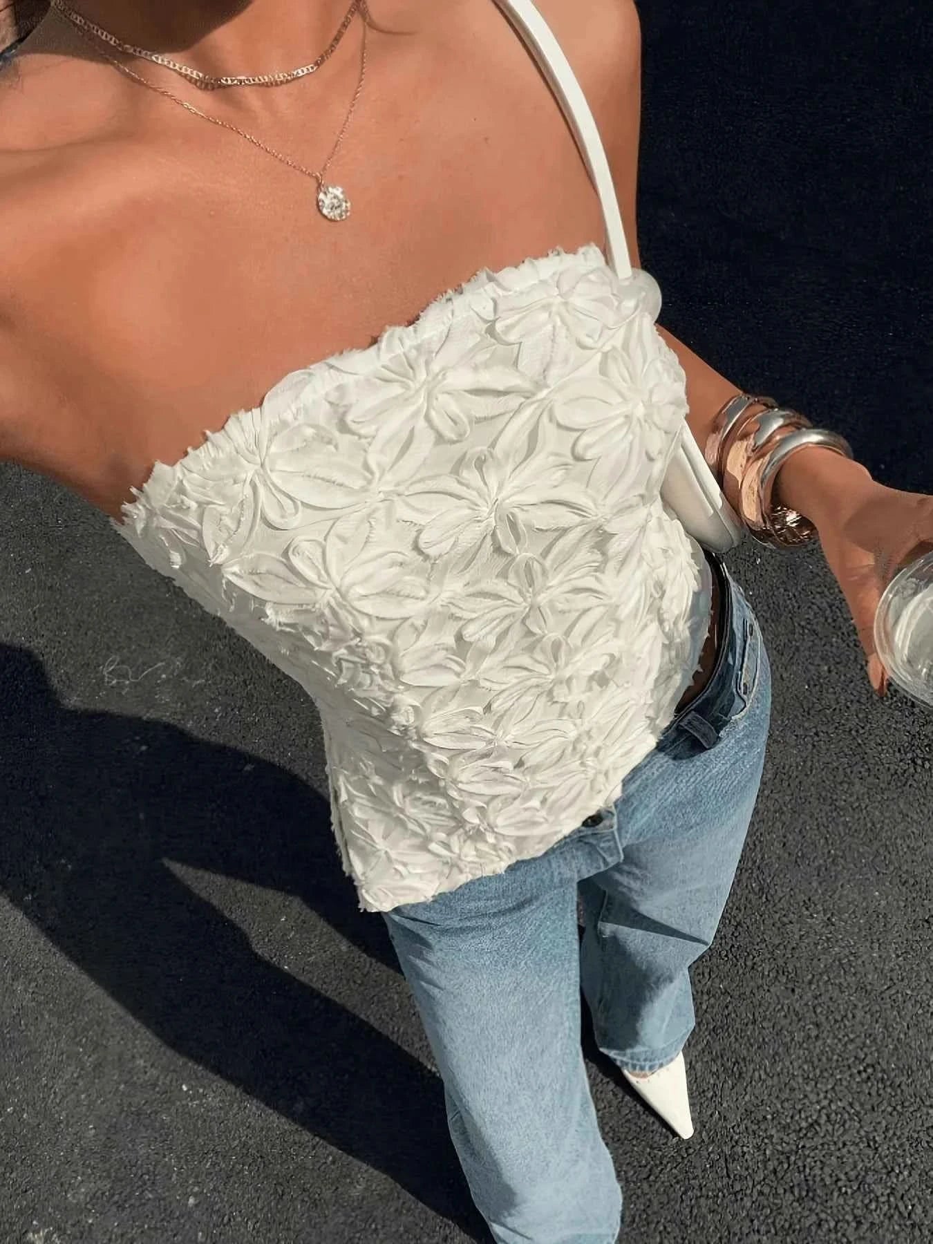 3D Blüten Bandeau-Top in Weiß - JWANOFFIZIELL