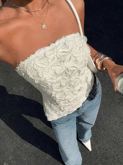 3D Blüten Bandeau-Top in Weiß - JWANOFFIZIELL
