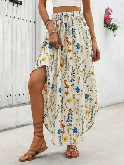 Damen Boho Maxi Rock mit Print Hoher Bund Strandrock