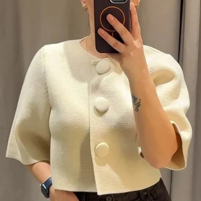 Damen Crop Strick Cardigan Kurzarm Elegant Weiß