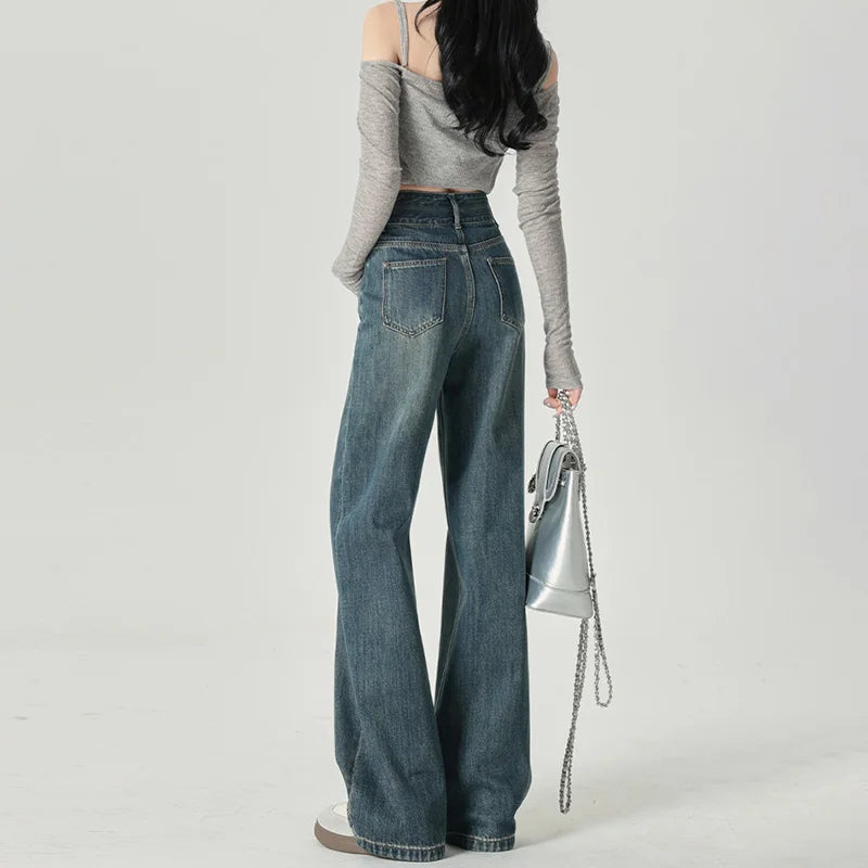 Wide-Leg-Jeans Damen – High-Waist Straight Leg Casual Kontrastfarben