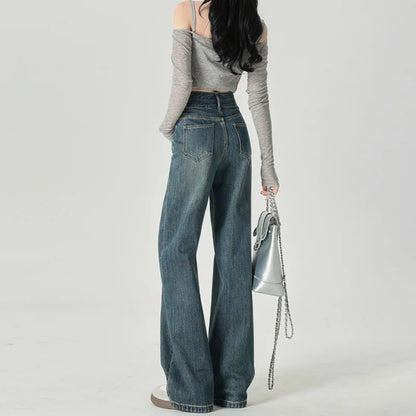Wide-Leg-Jeans Damen – High-Waist Straight Leg Casual Kontrastfarben