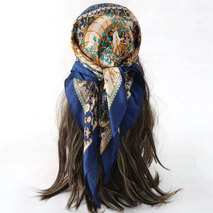 Boho Satin Seidentuch Damen – Quadratisches Kopftuch mit Blumen & Tropenmuster