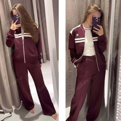 Vintage Damen Jacken-Set – Stehkragen Reißverschluss-Jacke & Elastische Hose Herbst/Frühling