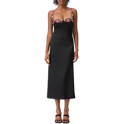 Damen Satin Bodycon Kleid mit Blumenstickerei