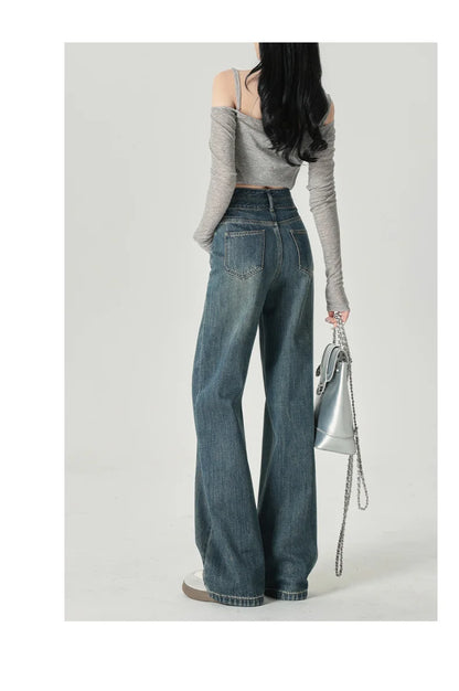 Wide-Leg-Jeans Damen – High-Waist Straight Leg Casual Kontrastfarben