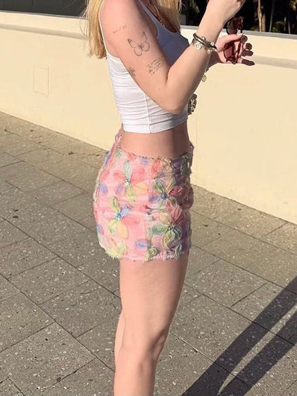 Blumen-Pailletten-Minirock Damen – Buntes Mesh Patchwork Sommerrock Streetwear