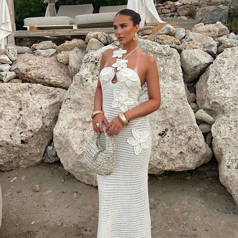 Rückenfreies Blumen-Strickkleid Damen – Slim Fit Sommer Strand Elegant