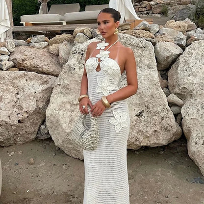 Rückenfreies Blumen-Strickkleid Damen – Slim Fit Sommer Strand Elegant