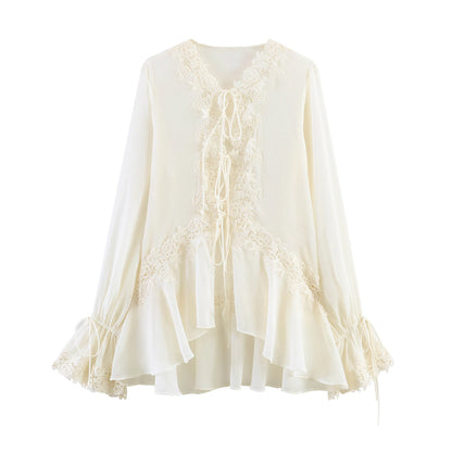 Elegantes Spitzen-Krochet-Shirt mit Rüschen & Schnürung – Transparentes Sommerbluse