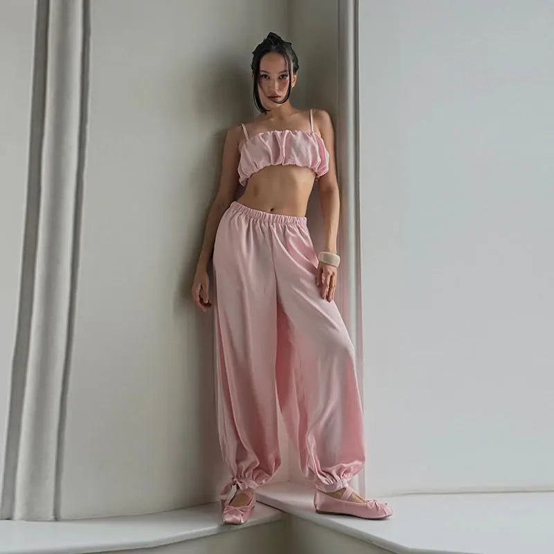 Satin-Zweiteiler Damen – Plissiertes Crop-Top & Weite Hose Elegant Party