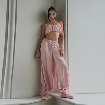 Satin-Zweiteiler Damen – Plissiertes Crop-Top & Weite Hose Elegant Party