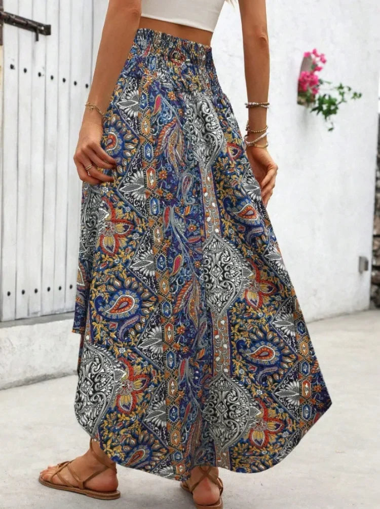 Damen Boho Maxi Rock mit Print Hoher Bund Strandrock