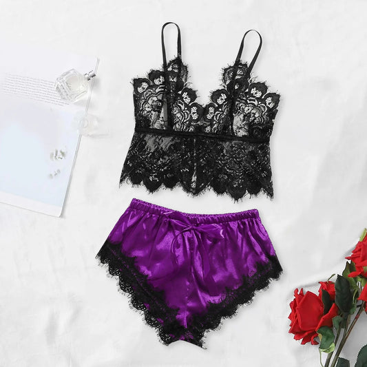 Damen Spitzen-Trägertop & Shorts Dessous-Schlafanzug-Set