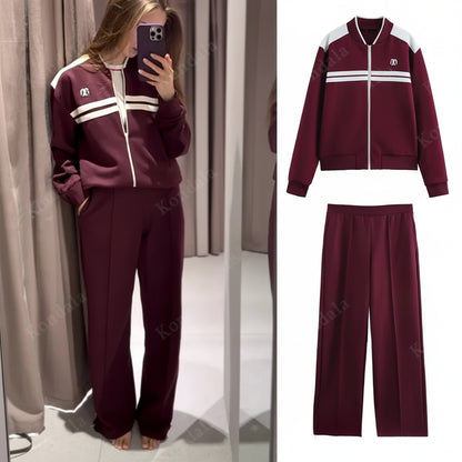 Vintage Damen Jacken-Set – Stehkragen Reißverschluss-Jacke & Elastische Hose Herbst/Frühling