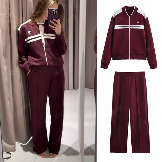 Vintage Damen Jacken-Set – Stehkragen Reißverschluss-Jacke & Elastische Hose Herbst/Frühling