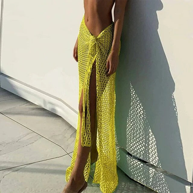 Häkel-Sarong Damen – Wickelrock Strandüberwurf aus Baumwolle mit Bindeband