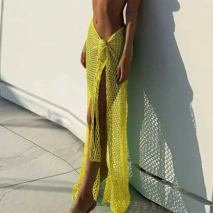 Häkel-Sarong Damen – Wickelrock Strandüberwurf aus Baumwolle mit Bindeband