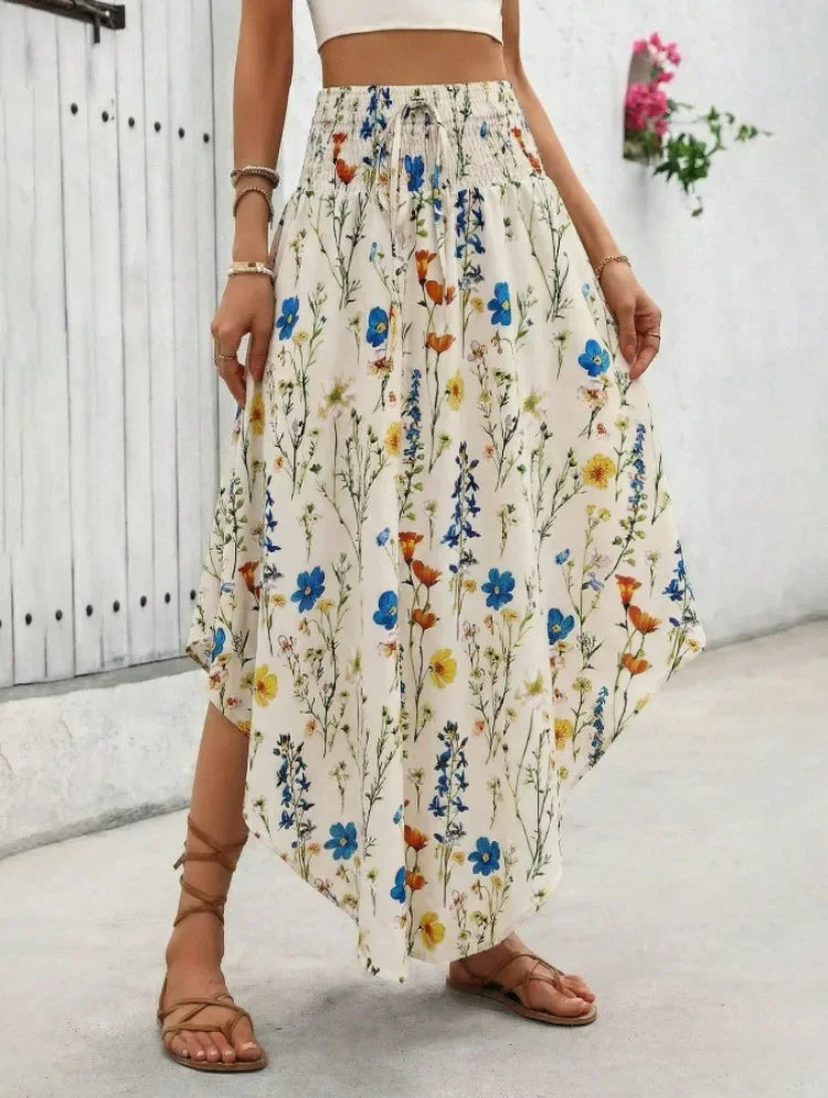 Damen Boho Maxi Rock mit Print Hoher Bund Strandrock