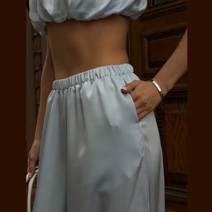 Satin-Zweiteiler Damen – Plissiertes Crop-Top & Weite Hose Elegant Party
