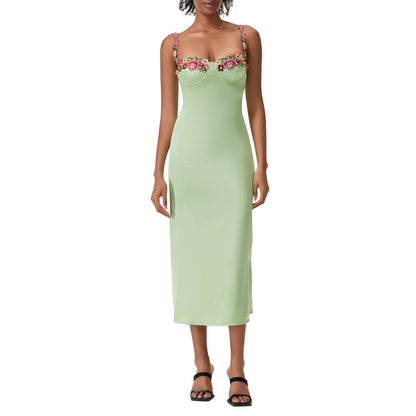 Damen Satin Bodycon Kleid mit Blumenstickerei