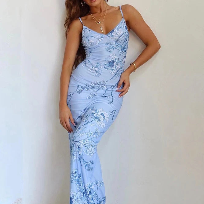 Damen Trägerkleid V-Ausschnitt Bedruckt Rückenfrei Sommerkleid