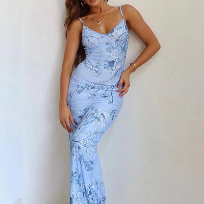 Damen Trägerkleid V-Ausschnitt Bedruckt Rückenfrei Sommerkleid