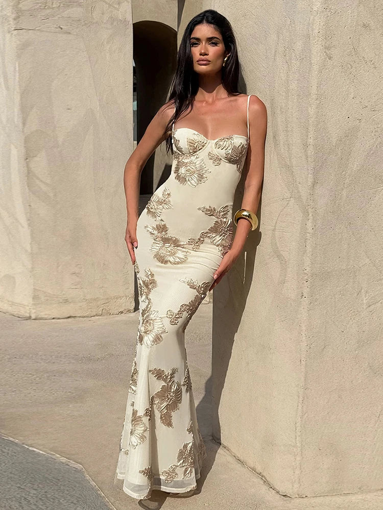 Blumen-Stickerei-Maxikleid Damen – Rückenfreies Bandage Tief-V Sommerkleid Elegant