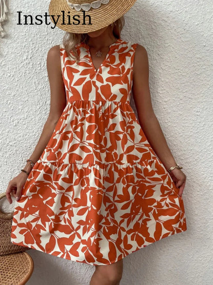 Damen Boho-Kleid mit Print, ärmellos, V-Ausschnitt