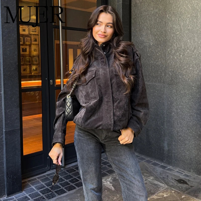 Veloursleder-Bomberjacke Oversize - JWANOFFIZIELL