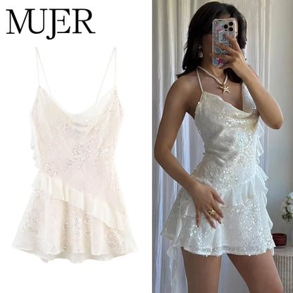 Damen Pailletten-Minikleid, rückenfreies Trägerkleid