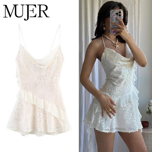 Damen Pailletten-Minikleid, rückenfreies Trägerkleid