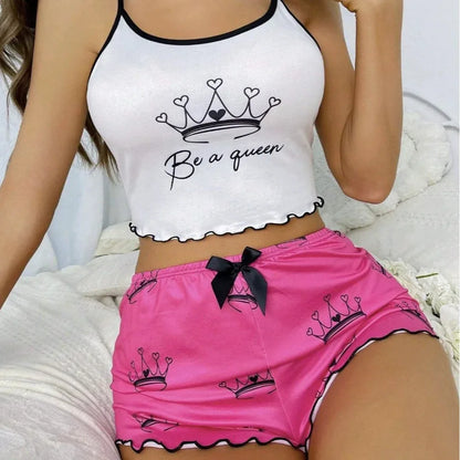 Damen Milchseide Bedrucktes Tanktop & Shorts Homewear-Set