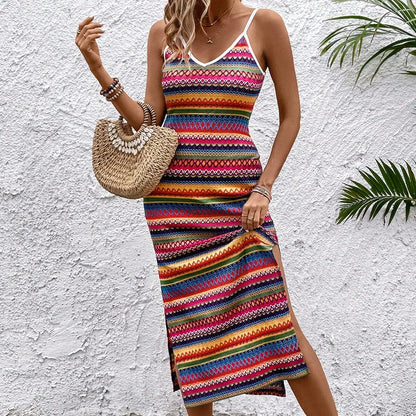 Damen Boho gestreiftes Strick-Maxikleid mit Schlitz