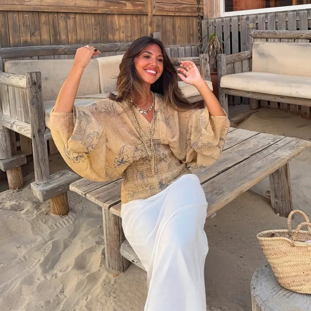 Boho Batik-Bluse mit V-Ausschnitt - JWANOFFIZIELL