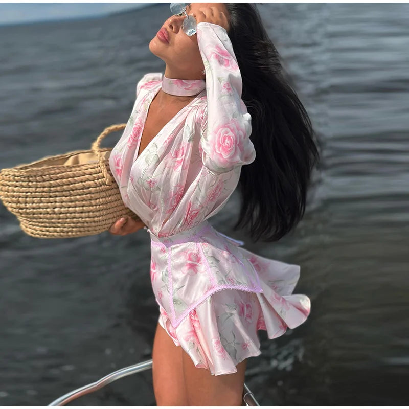 Rosen-Print Satin-Playsuit mit Rüschen - JWANOFFIZIELL