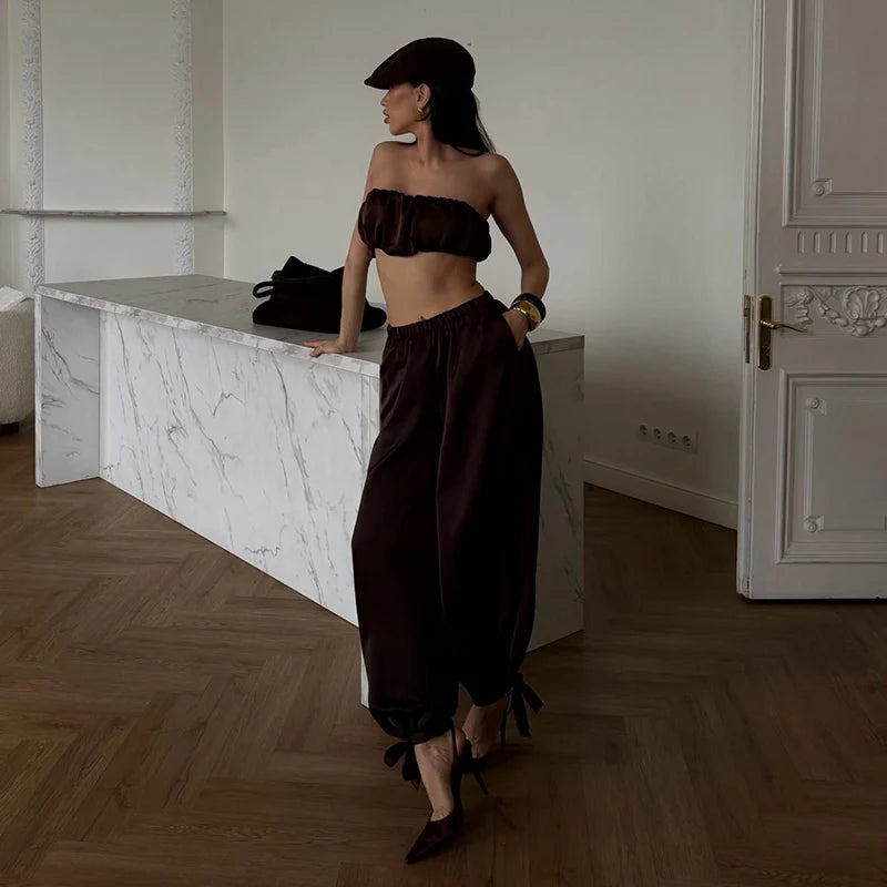 Satin-Zweiteiler Damen – Plissiertes Crop-Top & Weite Hose Elegant Party