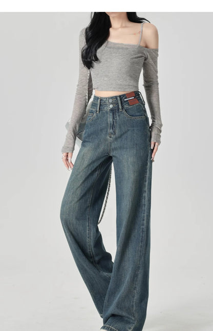 Wide-Leg-Jeans Damen – High-Waist Straight Leg Casual Kontrastfarben