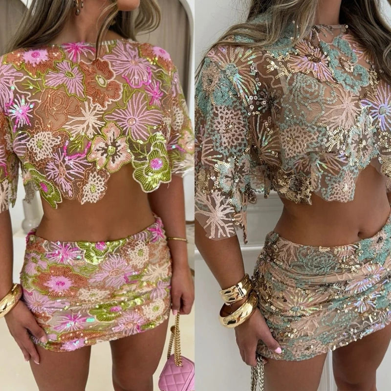 Pailletten Crop-Top & Rock Set Damen – See-Through Sommeroutfit mit Stickerei