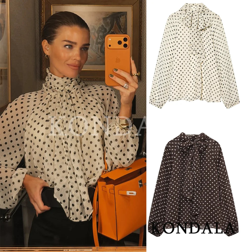 Romantische Polka-Dot-Bluse mit Schleife – Elegantes Sommerhemd mit Rundhalsausschnitt