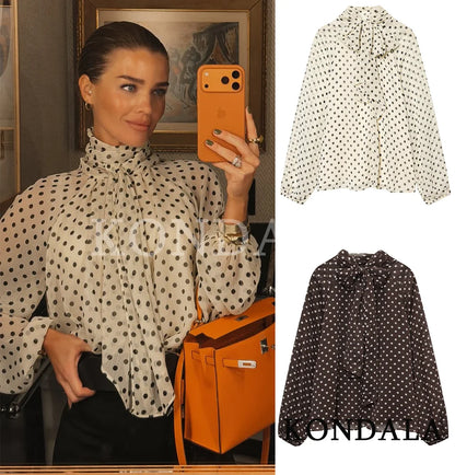 Romantische Polka-Dot-Bluse mit Schleife – Elegantes Sommerhemd mit Rundhalsausschnitt